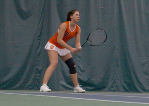 Anna Shkudun readies in an athletic stance on Sunday at Drumlins Country Club. She helped Syracuse pull off the victory against Virginia Tech.